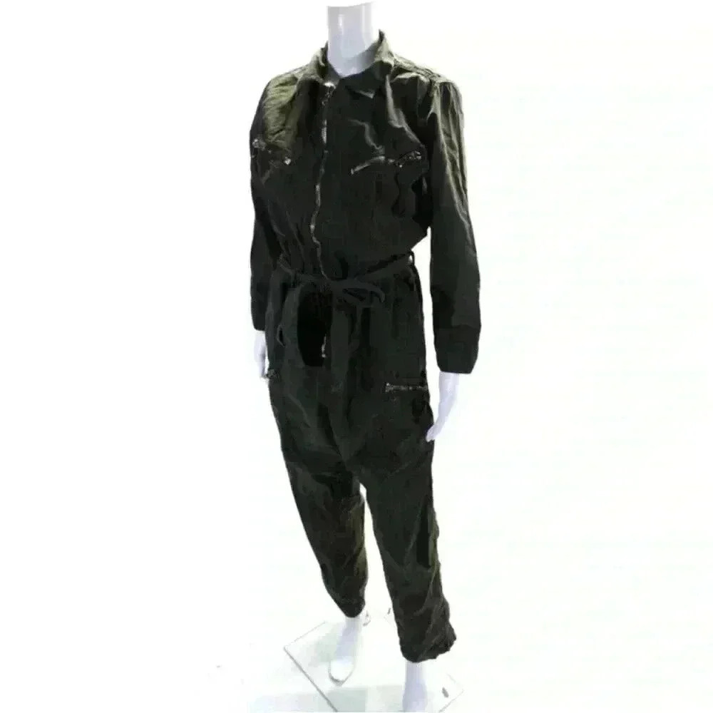 NSF Womens Zippered Elastic Waist Collared Long Sleeved Jumpsuit Green Size M - Picture 2 of 6